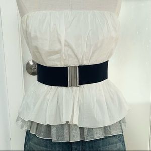 Y2K early 2000’s J Lo peplum strapless top with attached elastic navy belt.